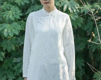 Women's summer shirt,Cotton stand collar shirt,linen tops,loose vintage top,Button up shirt,handmade custom shirt,linen blouse, N07