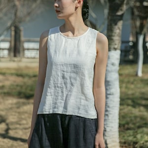 Blusas de lino de verano para mujer, blusas sin mangas, blusas holgadas para mujer, blusas 100% lino, ropa de lino hecha a mano, chaleco bohemio informal, regalo para niña N101