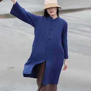 Cárdigan de lino, abrigo de lino, vestido largo, bata con bolsillos, ropa de mujer, vestido de talla grande, primavera verano, vestido camisero de manga larga F229-1