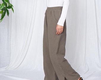 Linen Cotton Palazzo Pants Wide Leg Pants Elastic Waist Casual Pants Fall Winter Trousers Custom Plus Size Clothing M144