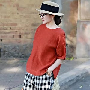 Women spring washed linen top half sleeve tops simple loose casual crop top soft tunic summer handmade custom plus size clothing boho F481