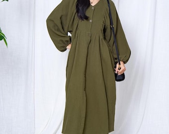 Women’s Green Boho Linen Dress Long Sleeves Ruffled Dress, V Neck Cotton Linen Dress With Button Handmade Plus Size Clothing M089