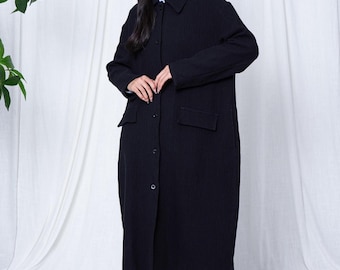 Women’s Thick Cotton Linen Coat, Oversized Midi Length Casual Jacket, No Patch Pocket, Relaxed Shirt Style Coat, Linen Shirt dress M161
