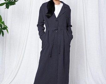 Oversized Blazer Coat Single-Breasted Trench Midi Coat with Lapel Collar & belt for Minimalist Casual Office Daily Wear M114