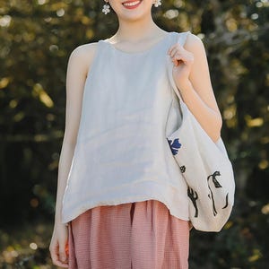 Tops de linho femininos, camisas simples, tops femininos com gola redonda, tops de linho sem mangas, coletes, tops estilo minimalista, roupas de linho F186