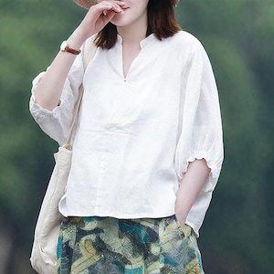 Linen top with 3/4 sleeve top V-neck top for women Loose linen blouse Ladies shirt linen shirt Simple shirt 100% linen top F552