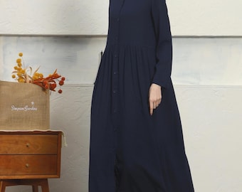 Women cotton linen dress, shirt dress, Long sleeves cardigan, Casual loose coat, Summer linen dress with buttons, Plus Size Clothing F498
