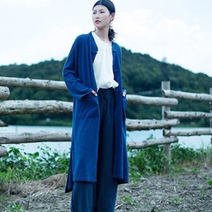 Linen cardigan cotton loose trench coat robe maxi dress with pockets women‘s clothing plus size dress spring summer long sleeves dress F229