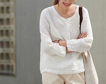 Women's blouses long sleeves Spring Linen tunic top shirt Loose casual crop top Linen clothing plus size top Ladies linen shirt blouses  F89