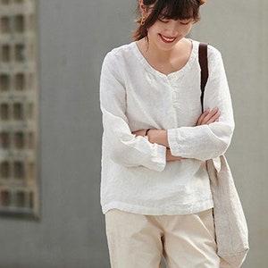 Blusas de mujer de manga larga, blusa tipo túnica de lino para primavera, top corto informal holgado, ropa de lino, top de talla grande, blusas de camisa de lino para mujer F89