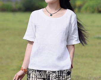 Summer linen tops for women, short sleeves crop top, loose soft casual custom oversized tunic top shirt, linen clothing, plus size clothing