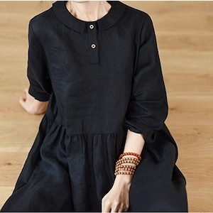 Women's linen dress Linen home wear long sleeves midi dress plus size clothing linen maxi dress with pockets loose fitting dress boho F341