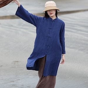 Linen cardigan linen coat maxi dress robes with pockets women‘s clothing plus size dress spring summer long sleeves shirt dress F229-1