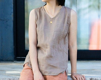 Blusa de lino para mujer, blusa sin mangas de lino, camiseta de lino, blusa corta de lino para mujer, blusa de lino, blusa de talla grande, ropa de mujer F27