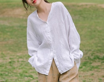 Linen shirts for women linen tunic tops spring summer custom oversized casual loose soft linen crop top plus size clothing F385