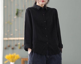 Linen shirts for women linen tunic tops spring custom oversized casual loose soft linen crop tops pure linen clothing plus size clothing R50