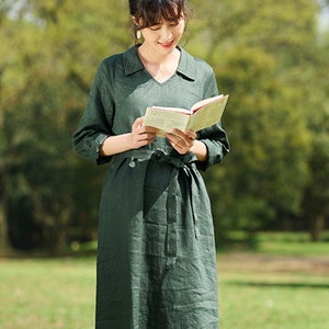 Vestido de mujer, vestido de lino con bolsillos, vestido con cuello en V, vestido personalizado hecho a mano, vestido vintage con cinturón, ropa de talla grande, vestido de lino suelto F435