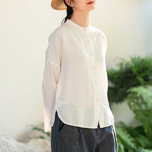 Pure linen top women’s vintage shirt loose straight top long-sleeved shirt for her handmade custom casual tops 100%linen clothing F231