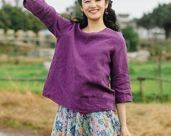 Women's linen top, summer loose linen top, half sleeves shirts, plus size linen clothing, handmade custom oversized tunic tops blouses F549