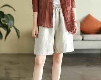Women shorts, summer spring linen shorts, handmade custom comfortable casual elegant elastic waist shorts, linen plus size clothing N88