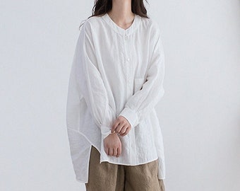 Women Linen Shirts, Oversized Linen Blouses, Handmade Plus Size Linen Clothing Loose Customized Long Sleeves Linen Top Linen Tunic Tops F334