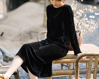 Velvet Dress for Women, Velvet Midi Dress, Black Loose Dress, Spring Fall Winter Vintage Dress, Tunic Dress, Custom Comfy Casual Dress V001