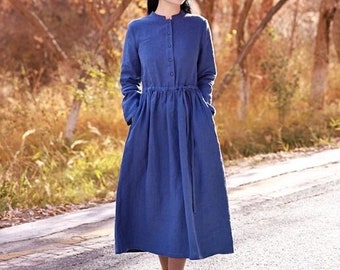 Abito da donna in lino, ampio, personalizzato, a maniche lunghe, con tasche, taglie forti, con cintura oversize e bottoni, fatto a mano, abito camicia F482