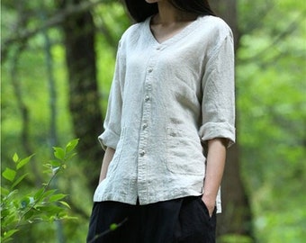 Pure Linen Top for Women Long Sleeve V Neck Linen Shirt Linen Coat Cardigan with Pockets Plus Size clothing Custom Linen Clothing F353