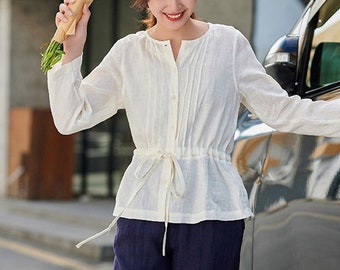 Women Linen Coat Summer Long Sleeves Blouses Pure Linen Cardigan Custom Oversize Boho Loose Tunic Tops Linen Clothing Plus Size F245