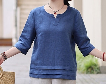 Linen tops for women,summer linen shirt,retro casual top,round neck shirt,handmade custom tops,linen blouses,100%linen clothing,linen F267