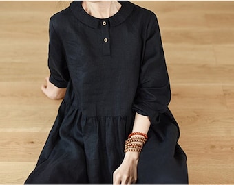 Women's linen dress Linen home wear long sleeves midi dress plus size clothing linen maxi dress with pockets loose fitting dress boho F341