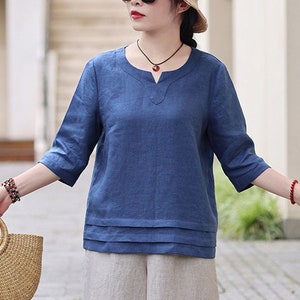 Tops de lino para mujer, camisa de lino de verano, top casual retro, camisa de cuello redondo, tops personalizados hechos a mano, blusas de lino, ropa 100% lino, lino F267