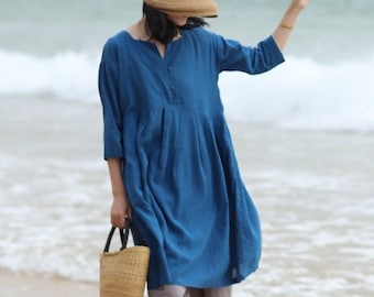 Women‘s clothing linen cotton dress with buttons handmade custom dress pleated dress midi linen dress 3/4 sleeve dress plus size dress  F80