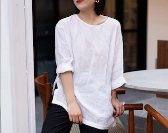 Women's linen tunic top Loose linen top Linen long-sleeved round neck top plus size linen clothing handmade custom tops linen blouses F53