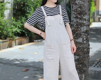 Women‘s Linen Overalls Loose Fit Linen Jumpsuits Women Casual Linen Jumpsuits Overalls Pants With Pockets Vintage Linen Wide Leg Pants X21-1