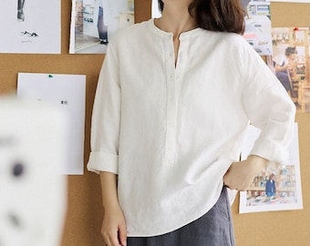 Fall Linen Tops For Women, Linen Shirt,  Loose Casual Soft Oversized Boho Linen Tunic Blouses, Custom Linen Clothing, Plus Size BlousesN334