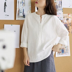 Fall Linen Tops For Women, Linen Shirt,  Loose Casual Soft Oversized Boho Linen Tunic Blouses, Custom Linen Clothing, Plus Size BlousesN334