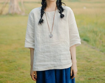 Linen tops for women long sleeves blouses loose fit soft casual custom oversized summer spring linen clothing plus size tee shirts N344