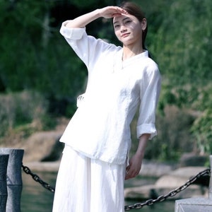Tops de lino para mujer, abrigo de lino puro de primavera, batas tipo túnica de manga larga, top de lino blanco. Ropa de talla grande blusas bohemias suaves y holgadas F423