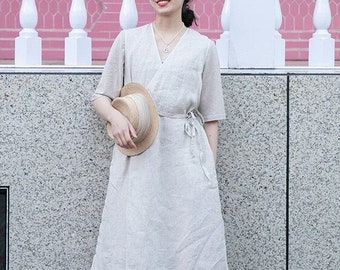 Women's linen dress with pockets custom dress linen tunic dress Pure linen dress maxi dress robe dress linen dress belt women clothing F124