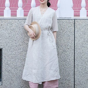 Women&#39;s linen dress with pockets custom dress linen tunic dress Pure linen dress maxi dress robe dress linen dress belt women clothing F124