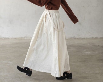 Falda de mujer Falda 100% lino con bolsillos Falda de los años 50 Faldas midi de una línea Falda estilo vintage faldas casuales sueltas Falda de cintura elástica R12-1