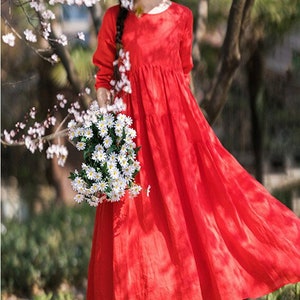 Vestido de mujer vestido casual de lino con bolsillos vestido de cuello redondo Regalo para madre vestido suelto casual más tamaño panel de ropa vestido personalizado F222