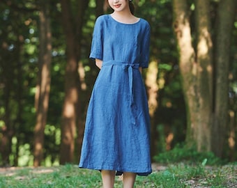 Women Linen Dress, Midi Dress, Half Sleeves Tunic  Robes Dress, Loose Casual Oversized Boho Sundress, Beach Dress, Plus Size Clothing F550