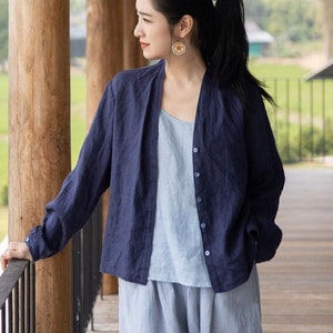 Abrigo de algodón y lino de verano para mujer, camisa de manga larga con cuello en V, túnicas cortas personalizadas de gran tamaño, tallas grandes b;ouses, ropa de lino boho F03