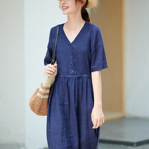 Vestido cruzado de lino para mujer, vestido midi de media manga con cinturón, túnicas sueltas casuales, vestido camisero, ropa de verano, ropa de talla grande F68