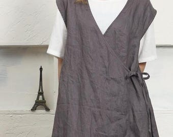 Vestido de lino para mujer con bolsillos Vestido cruzado de lino puro Vestido túnica de lino con escote en V Vestido largo Vestido bata Vestido de lino Cinturón Ropa a medida F37