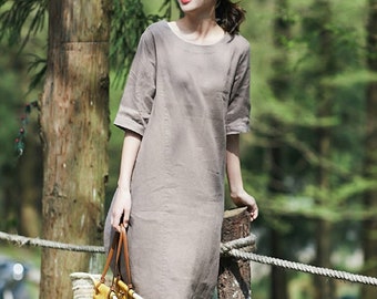 Summer spring linen dress, linen midi dress, half sleeves loose casual soft custom handmade linen tunic shift dress plus size dress boho N17