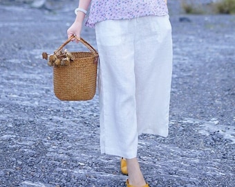 Linen pants for women wide leg pants elastic waist trousers with pockets loose lounge linen pants custom casual pants linen clothing N05