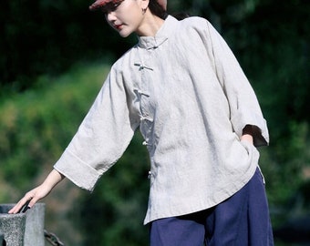 Linen tops for women, vintage shirt, linen clothing, linen tunic blouses, long sleeve top, plus size clothing, boho loose soft clothing F645